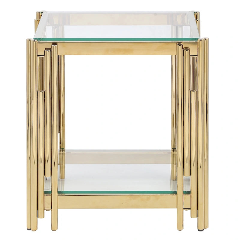 Woker Furniture 20 Wide Square End Table with Glass Top, Golden Stainless Steel Tempered Glass Coffee Table