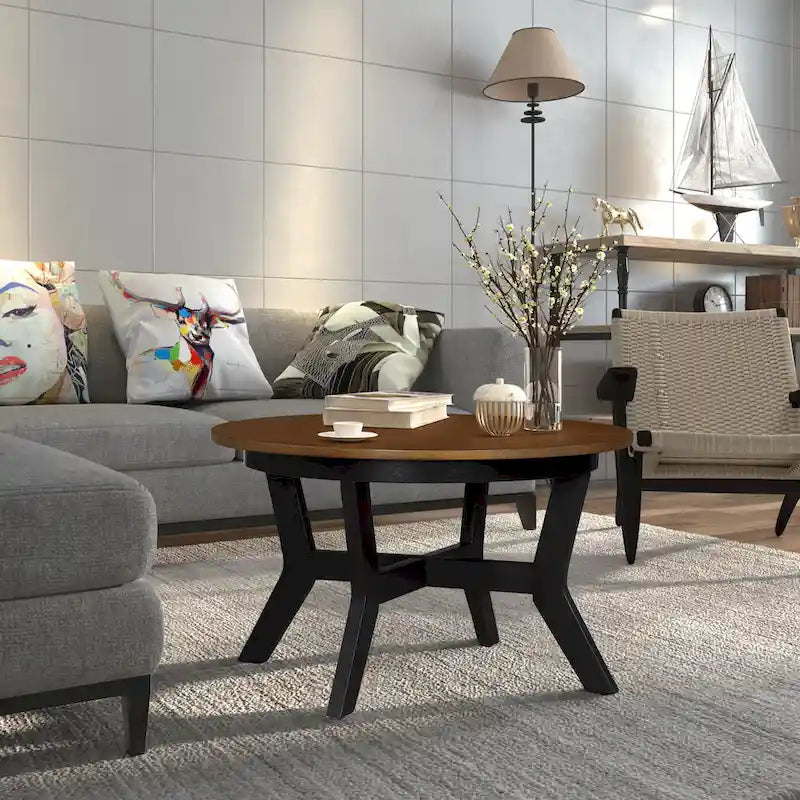 32inch Wood Round Coffee Table for Living Room,Mid Century Farmhouse Circle Wooden Coffee Tables for Apartment, Easy Assembly