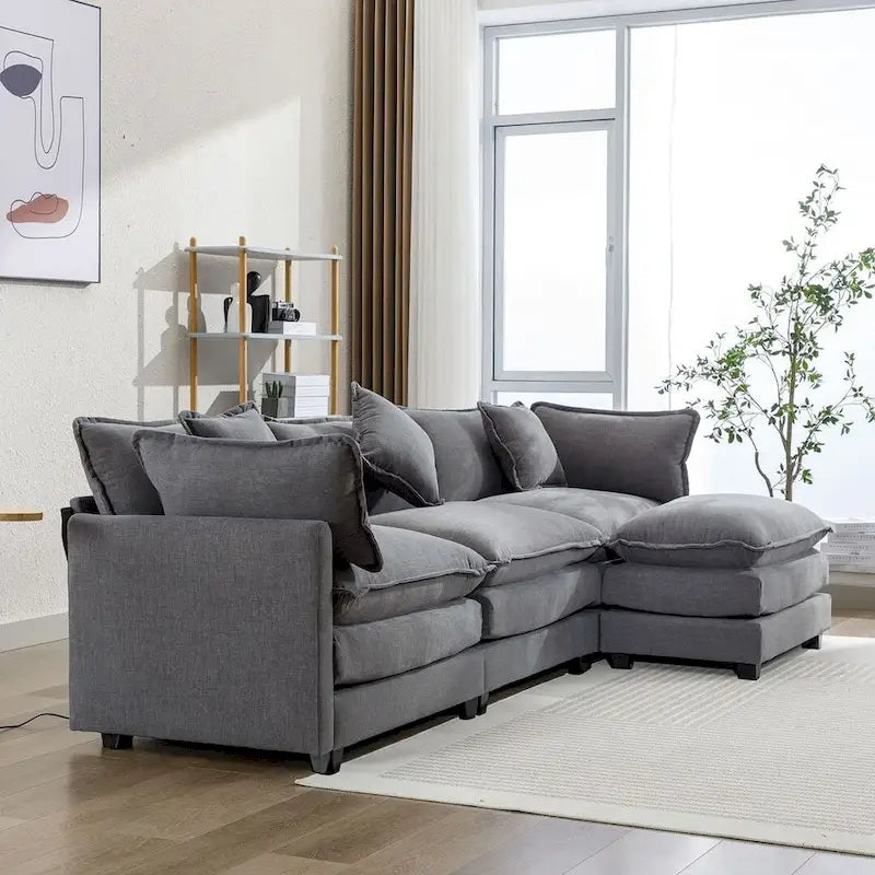 112 Modern L-Shape Chenille Upholstered Sofa with 5 Pillows