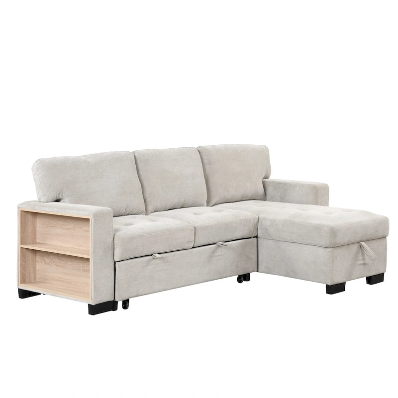 Stylish and Functional Light Chaise Lounge Sectional with Storage Rack Pull-out Bed Drop Down Table and USB Charger Beige