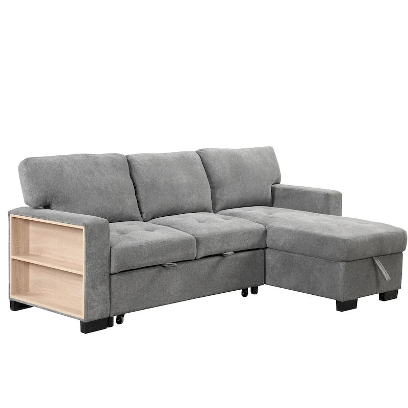 Stylish and Functional Light Chaise Lounge Sectional with Storage Rack Pull-out Bed Drop Down Table and USB Charger Beige