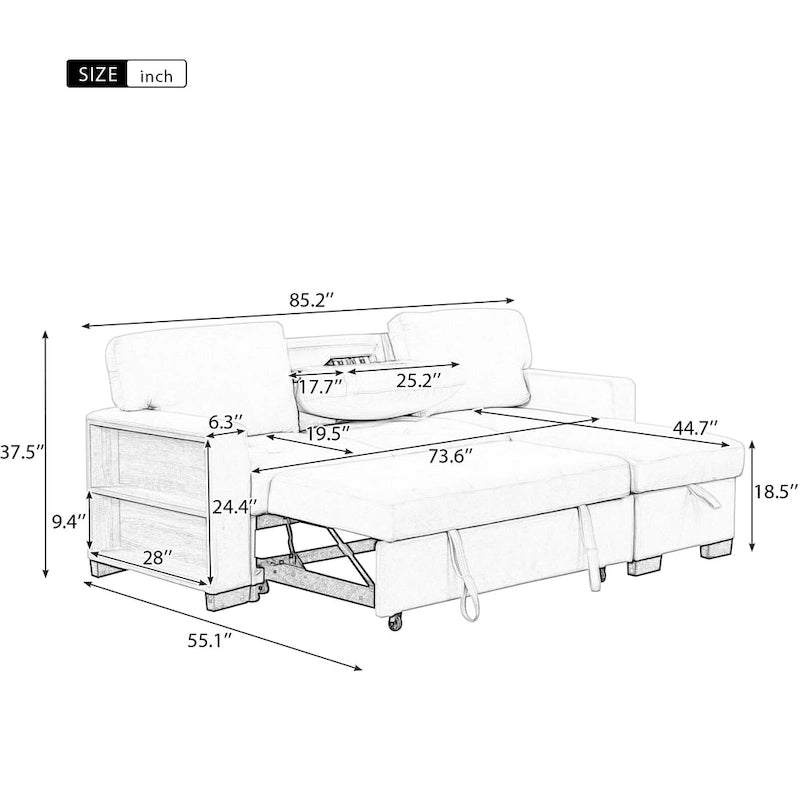 Stylish and Functional Light Chaise Lounge Sectional with Storage Rack Pull-out Bed Drop Down Table and USB Charger Beige