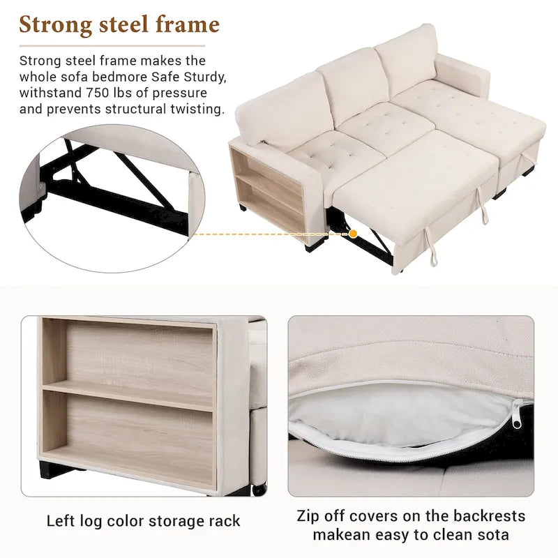 Stylish and Functional Light Chaise Lounge Sectional with Storage Rack Pull-out Bed Drop Down Table and USB Charger Beige