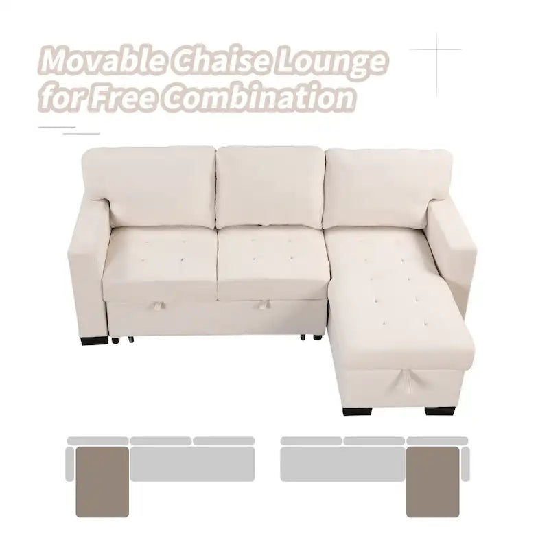 Stylish and Functional Light Chaise Lounge Sectional with Storage Rack Pull-out Bed Drop Down Table and USB Charger Beige