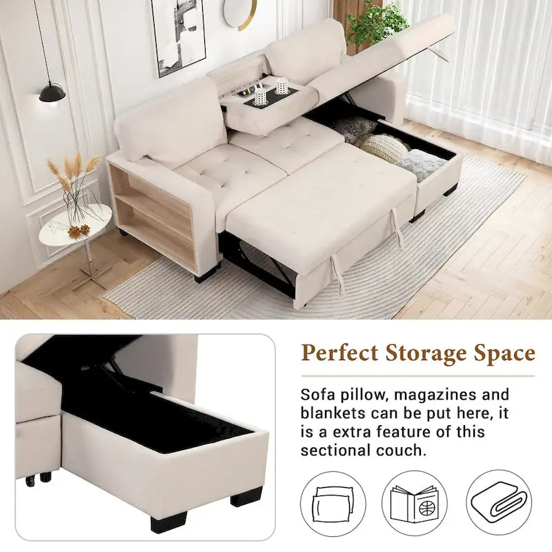 Stylish and Functional Light Chaise Lounge Sectional with Storage Rack Pull-out Bed Drop Down Table and USB Charger Beige