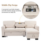 Stylish and Functional Light Chaise Lounge Sectional with Storage Rack Pull-out Bed Drop Down Table and USB Charger Beige