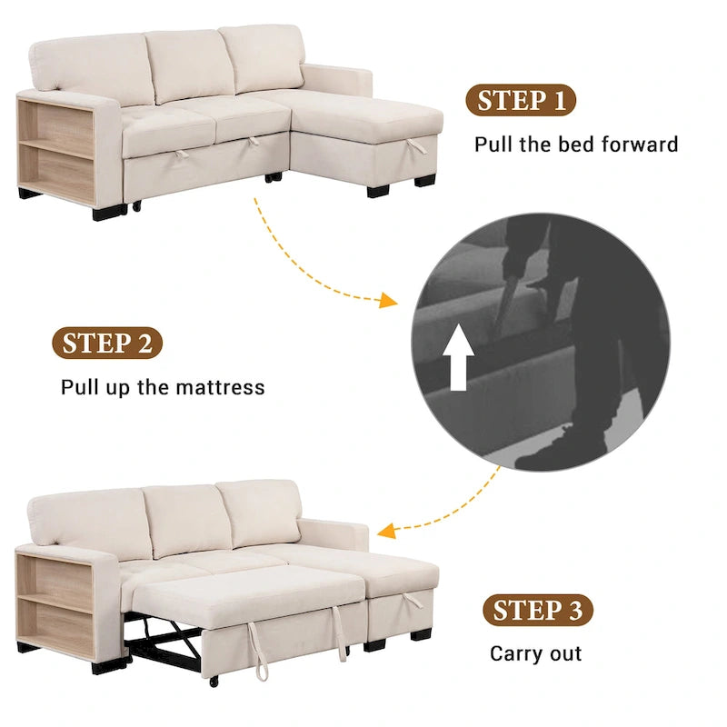 Stylish and Functional Light Chaise Lounge Sectional with Storage Rack Pull-out Bed Drop Down Table and USB Charger Beige