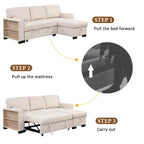 Stylish and Functional Light Chaise Lounge Sectional with Storage Rack Pull-out Bed Drop Down Table and USB Charger Beige