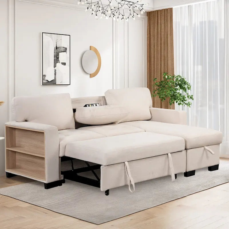 Stylish and Functional Light Chaise Lounge Sectional with Storage Rack Pull-out Bed Drop Down Table and USB Charger Beige