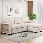 Stylish and Functional Light Chaise Lounge Sectional with Storage Rack Pull-out Bed Drop Down Table and USB Charger Beige