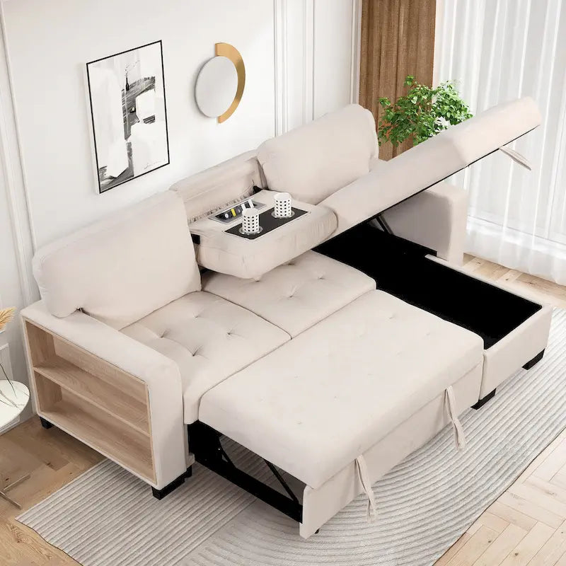 Stylish and Functional Light Chaise Lounge Sectional with Storage Rack Pull-out Bed Drop Down Table and USB Charger Beige