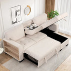 Stylish and Functional Light Chaise Lounge Sectional with Storage Rack Pull-out Bed Drop Down Table and USB Charger Beige
