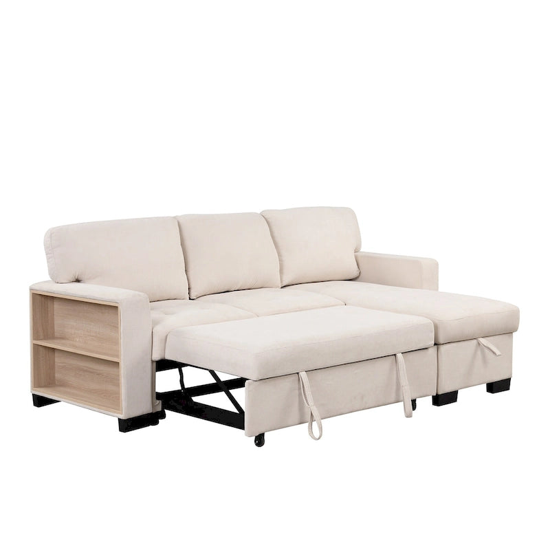 Stylish and Functional Light Chaise Lounge Sectional with Storage Rack Pull-out Bed Drop Down Table and USB Charger Beige