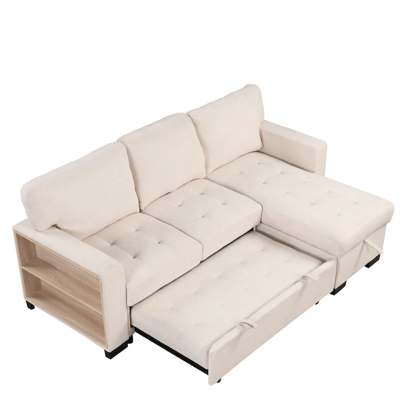 Stylish and Functional Light Chaise Lounge Sectional with Storage Rack Pull-out Bed Drop Down Table and USB Charger Beige