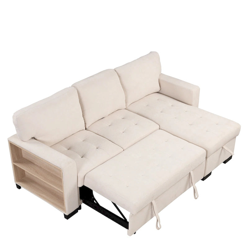 Stylish and Functional Light Chaise Lounge Sectional with Storage Rack Pull-out Bed Drop Down Table and USB Charger Beige