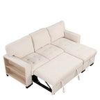 Stylish and Functional Light Chaise Lounge Sectional with Storage Rack Pull-out Bed Drop Down Table and USB Charger Beige