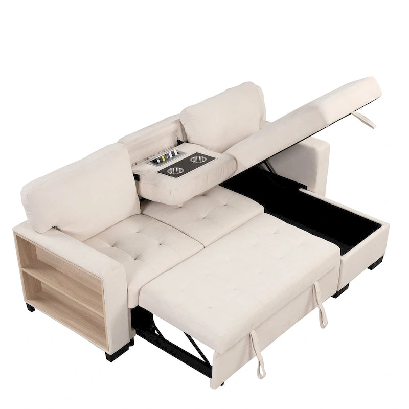 Stylish and Functional Light Chaise Lounge Sectional with Storage Rack Pull-out Bed Drop Down Table and USB Charger Beige
