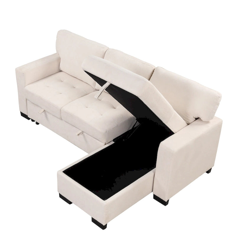 Stylish and Functional Light Chaise Lounge Sectional with Storage Rack Pull-out Bed Drop Down Table and USB Charger Beige