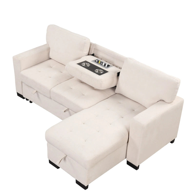 Stylish and Functional Light Chaise Lounge Sectional with Storage Rack Pull-out Bed Drop Down Table and USB Charger Beige