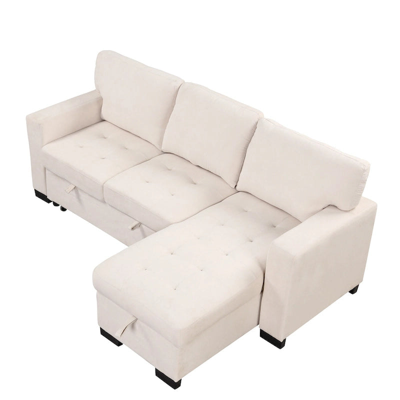 Stylish and Functional Light Chaise Lounge Sectional with Storage Rack Pull-out Bed Drop Down Table and USB Charger Beige