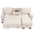 Stylish and Functional Light Chaise Lounge Sectional with Storage Rack Pull-out Bed Drop Down Table and USB Charger Beige