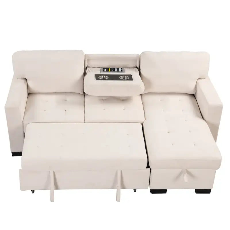 Stylish and Functional Light Chaise Lounge Sectional with Storage Rack Pull-out Bed Drop Down Table and USB Charger Beige
