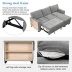 Stylish and Functional Light Chaise Lounge Sectional with Storage Rack Pull-out Bed Drop Down Table and USB Charger Beige