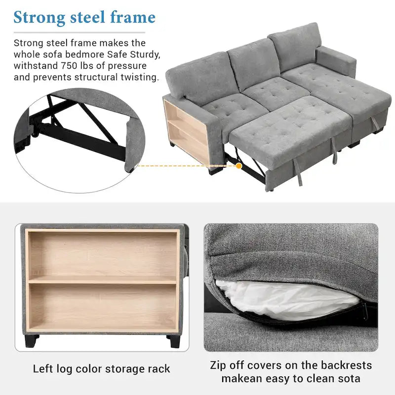 Stylish and Functional Light Chaise Lounge Sectional with Storage Rack Pull-out Bed Drop Down Table and USB Charger Beige