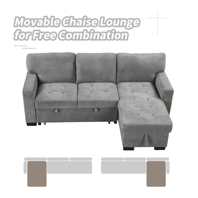 Stylish and Functional Light Chaise Lounge Sectional with Storage Rack Pull-out Bed Drop Down Table and USB Charger Beige