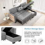 Stylish and Functional Light Chaise Lounge Sectional with Storage Rack Pull-out Bed Drop Down Table and USB Charger Beige