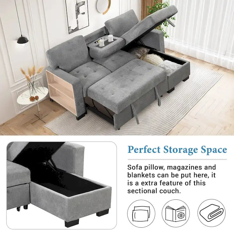 Stylish and Functional Light Chaise Lounge Sectional with Storage Rack Pull-out Bed Drop Down Table and USB Charger Beige