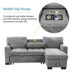 Stylish and Functional Light Chaise Lounge Sectional with Storage Rack Pull-out Bed Drop Down Table and USB Charger Beige