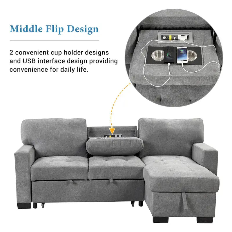 Stylish and Functional Light Chaise Lounge Sectional with Storage Rack Pull-out Bed Drop Down Table and USB Charger Beige