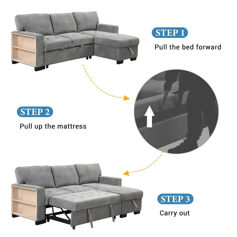 Stylish and Functional Light Chaise Lounge Sectional with Storage Rack Pull-out Bed Drop Down Table and USB Charger Beige