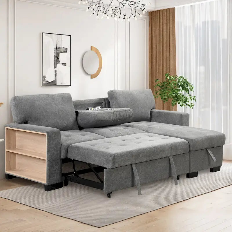 Stylish and Functional Light Chaise Lounge Sectional with Storage Rack Pull-out Bed Drop Down Table and USB Charger Beige
