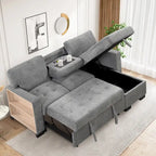 Stylish and Functional Light Chaise Lounge Sectional with Storage Rack Pull-out Bed Drop Down Table and USB Charger Beige