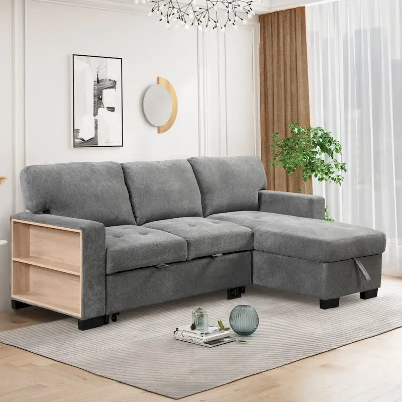 Stylish and Functional Light Chaise Lounge Sectional with Storage Rack Pull-out Bed Drop Down Table and USB Charger Beige