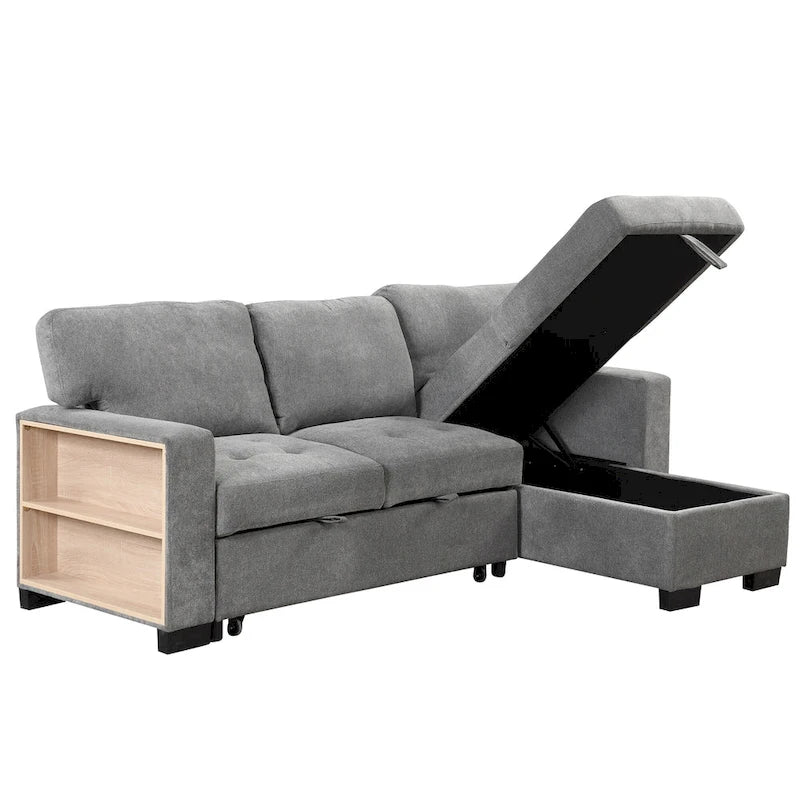 Stylish and Functional Light Chaise Lounge Sectional with Storage Rack Pull-out Bed Drop Down Table and USB Charger Beige