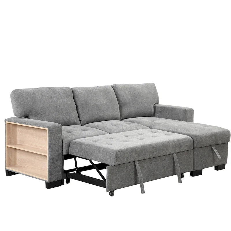 Stylish and Functional Light Chaise Lounge Sectional with Storage Rack Pull-out Bed Drop Down Table and USB Charger Beige
