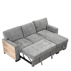 Stylish and Functional Light Chaise Lounge Sectional with Storage Rack Pull-out Bed Drop Down Table and USB Charger Beige