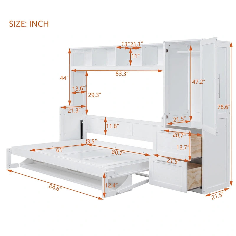 Letto a scomparsa Queen Size con armadio e cassetti