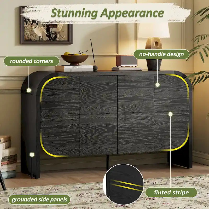 Wooden Sideboard Buffet Cabinet with Curvy Edge & Adjustable Shelves
