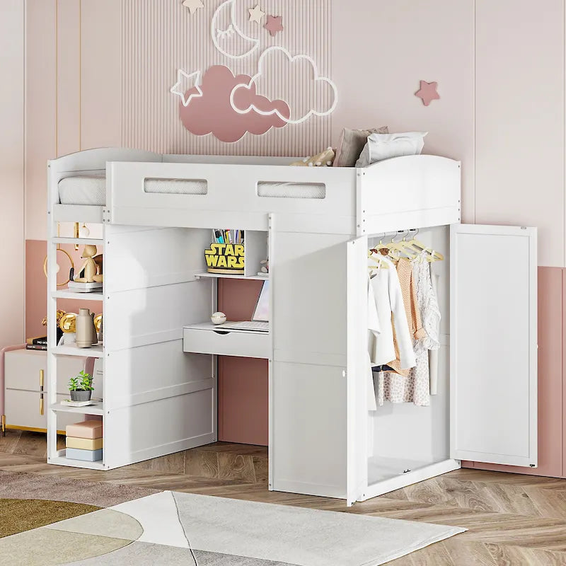 Letto a soppalco singolo con scrivania, armadi, 4 cassetti e 4 ripiani