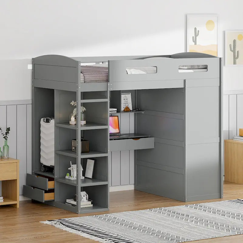 Twin Size Loft Bed with Desk, Wardrobes, 4 Drawers and 4 Shelves