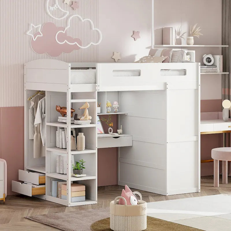 Letto a soppalco singolo con scrivania, armadi, 4 cassetti e 4 ripiani