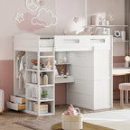 Letto a soppalco singolo con scrivania, armadi, 4 cassetti e 4 ripiani