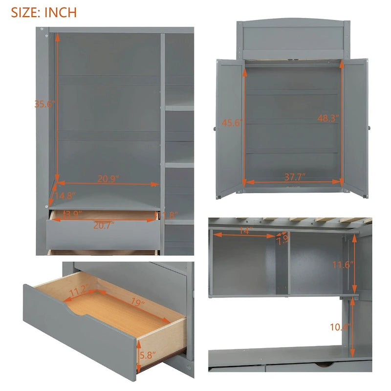 Letto a soppalco singolo con scrivania, armadi, 4 cassetti e 4 ripiani