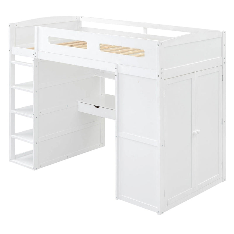 Letto a soppalco singolo con scrivania, armadi, 4 cassetti e 4 ripiani