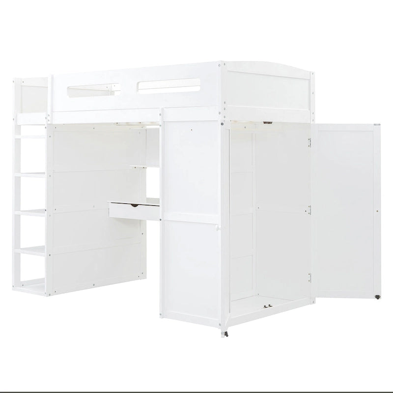 Letto a soppalco singolo con scrivania, armadi, 4 cassetti e 4 ripiani