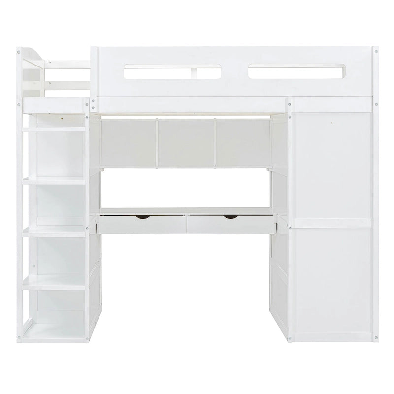 Letto a soppalco singolo con scrivania, armadi, 4 cassetti e 4 ripiani